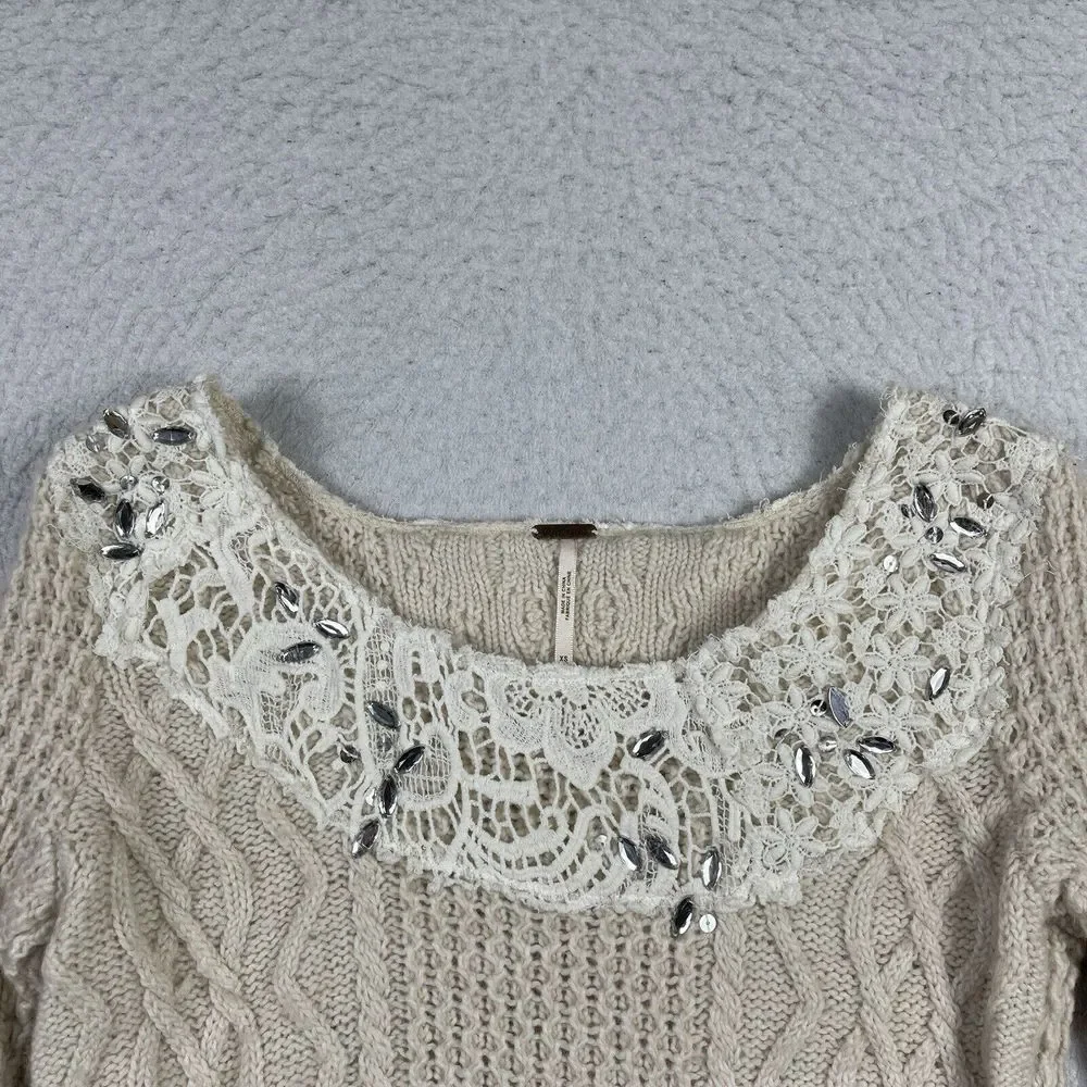 Free People Sweater Womens XS‎ Cream Cable Knit Lace Embellished Scoop Neck